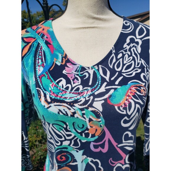 Chico’s Swirl Print 3/4 Sleeve Top Size 0 (Small) Navy Teal Pullover EUC SOFT - Picture 2 of 10